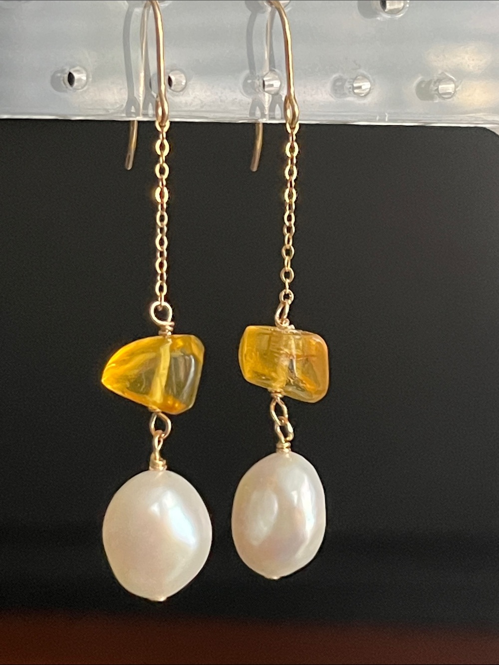 14K GF Drop Earrings with Amber Gemstone and White Pearl